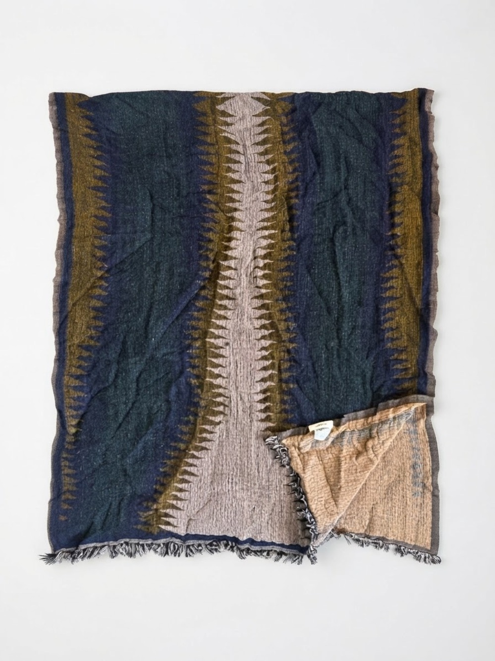Aritzia Wilfred Wool Blend Reversible Rectangle Scarf Navy Blue Tan Boho western